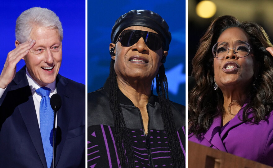 From left: Bill Clinton, Stevie Wonder and Oprah Winfrey all brought the DNC crowd to their feet on Wednesday.