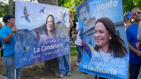 Supporters of opposition leader Maria Corina Machado gather to demand that a date be set for presidential elections in Caracas, Venezuela, Thursday, Oct. 22, 2026.