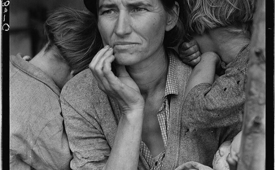 Lange's iconic photograph of Florence Owens Thompson, often referred to as "Migrant Mother." It was taken at a camp full of destitute pea pickers in Nipomo, Calif., in 1936.