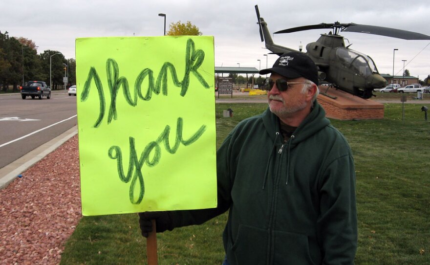 Fred Haddock of Pueblo, Colo., outside the main gate at Fort Carson.