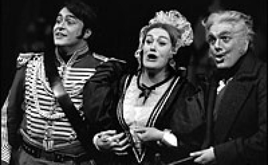 Pavarotti (left), at age 30, with Joan Sutherland and Spiro Malas in Donizetti's <em>La Fille du Regiment</em> at Covent Garden Opera House, in 1966.