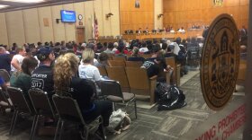 SoccerCity supporters sit in as the San Diego City Council decides the future of the SoccerCity proposal, June 19, 2017. 
