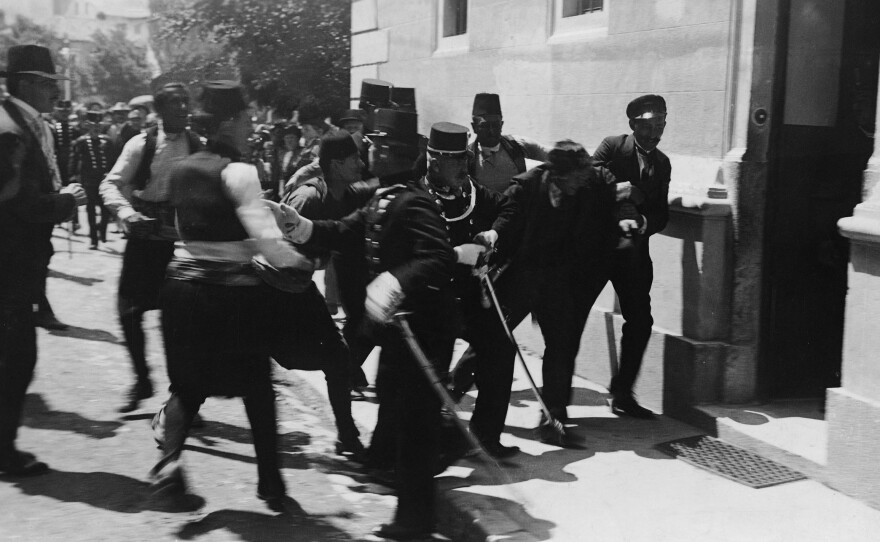 This image, captured by amateur photographer Milos Oberajge on June 28, 1914, was once believed to show Sarajevo police arresting successful assassin Gavrilo Princip. It's now thought to show the arrest of failed co-conspirator Nedeljko Cabrinovic.