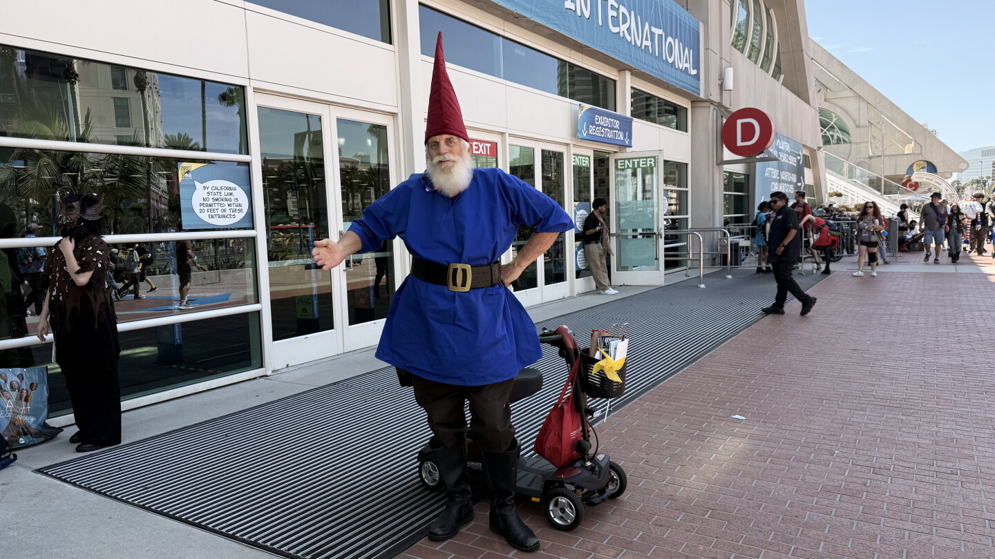 A cosplayer brings a classic gnome look to Comic-Con on July 26, 2026.