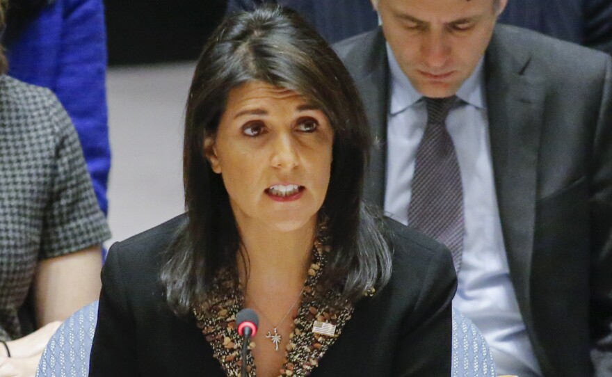 U.S. Ambassador to the U.N. Nikki Haley speaks during a Security Council meeting on Monday. The Council voted on a resolution that expressed "deep regret at recent decisions concerning the status of Jerusalem," without mentioning the U.S. by name.