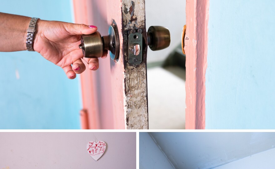Top: The front door to María Lara's apartment is broken. Bottom left: The wall next to her bed is decorated with a heart. Lara says the splotches on the wall are where she killed bedbugs. Bottom right: Bedbugs have infested the second bedroom of Lara's apartment.