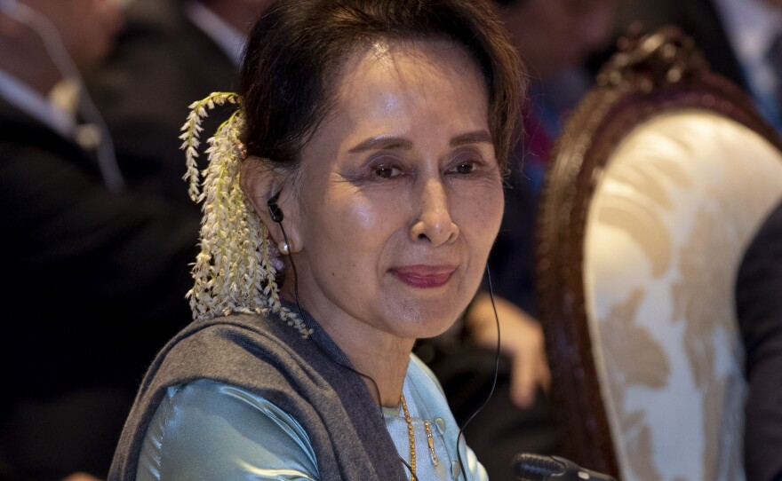 Myanmar leader Aung San Suu Kyi is shown on Nov. 4, 2019, when she participated in the ASEAN-Japan summit in Nonthaburi, Thailand.