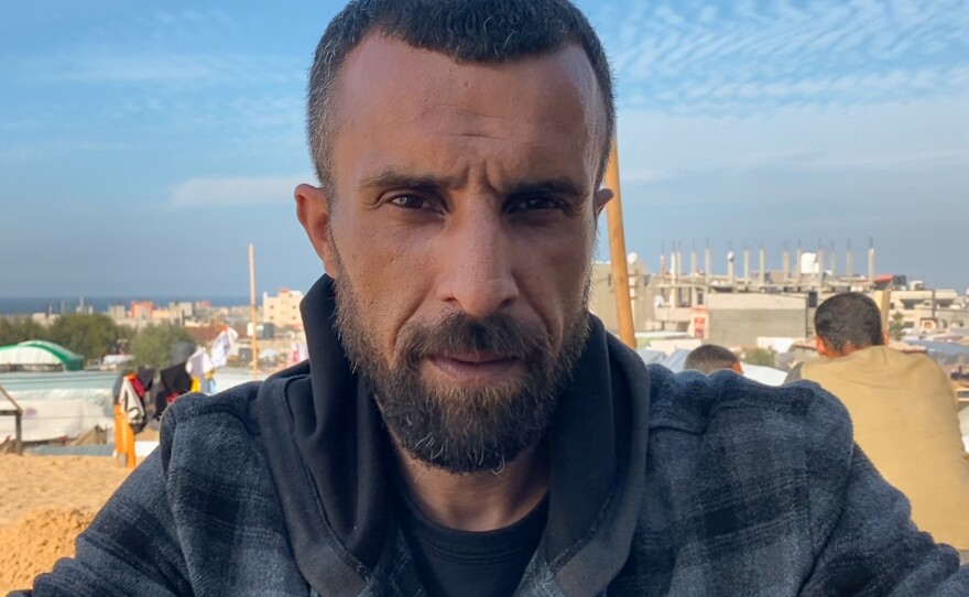 Awni Nejem and his family came to Rafah from Nuseirat, a refugee camp that has been hit repeatedly by Israeli airstrikes. "It is very difficult to get a tent. Those who have cash can afford it, those who don't will have to suffer," he said.
