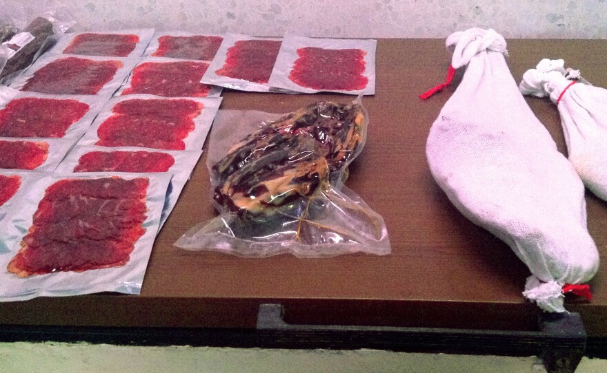 Halal jamon products made with lamb and beef inside the Balkis Gourmet curing room in Cumbres Mayores in Andalusia, Spain.