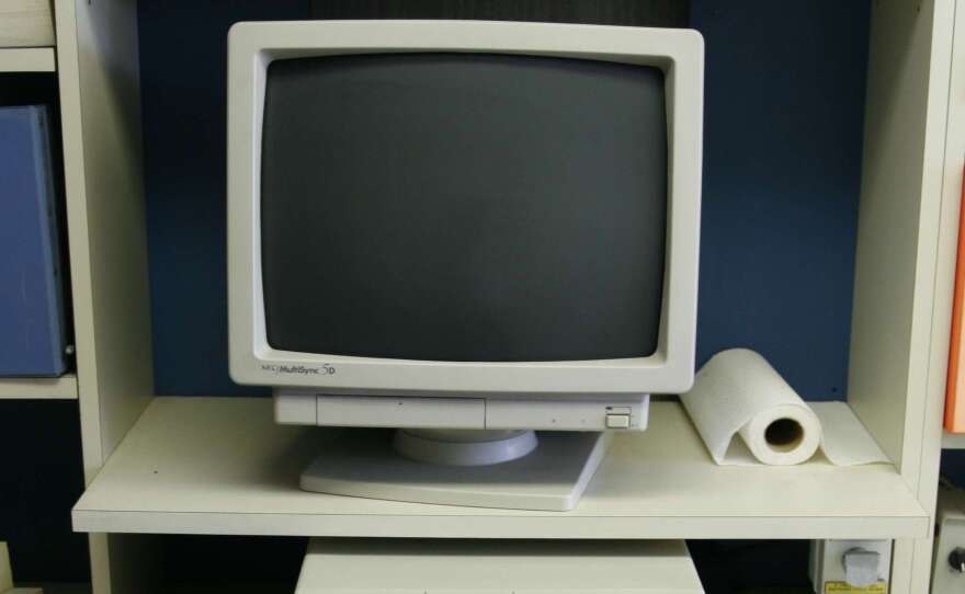 A computer from the 1990s, among the technology that will have to be updated at Santa Barbara's desalination plant, sits in the facility's control room.