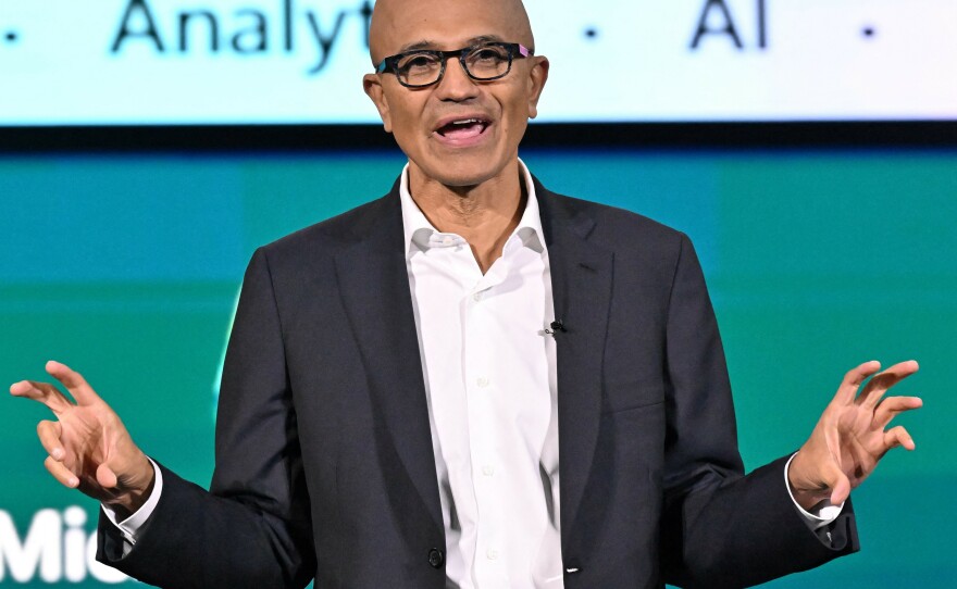 Microsoft CEO Satya Nadella delivers a speech at the Microsoft Build AI Day in Jakarta, Indonesia, on April 30, 2024. Artificial intelligence has been a hot trend in markets.
