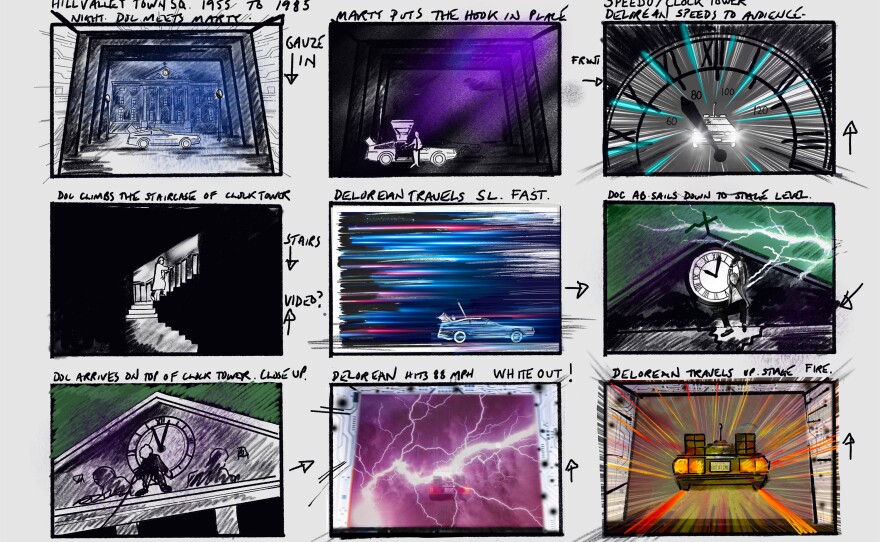 Designer Tim Hatley's sketches show his ideas for what the stage could look like as the car zooms toward 88 mph in the finale.