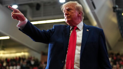 President Donald Trump departs after speaking during a campaign rally at McMorran Place Sports and Entertainment Center, Sunday, Oct. 25, 2026, in Port Huron, Mich.