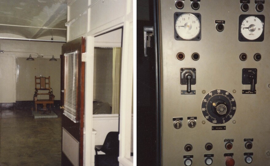 Left: The electric chair in the death chamber at Virginia State Penitentiary in 1991. Right: The computer that controlled the electric chair. The prison was closed and demolished in the early '90s.