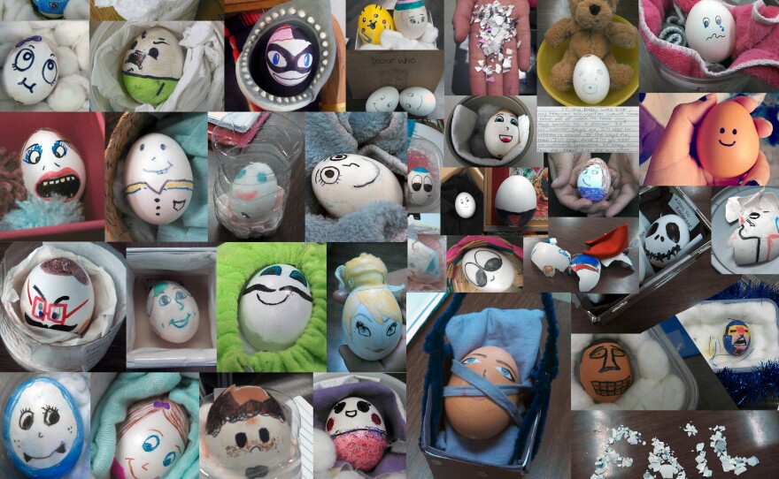 Egg babies created by Aaron Warren's ninth-grade students at Orthopaedic Hospital Medical Magnet High School in Los Angeles.