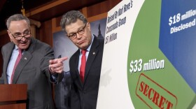 Sen. Charles Schumer, D-N.Y. (left), and Sen. Al Franken, D-Minn., discuss superPACs Wednesday.