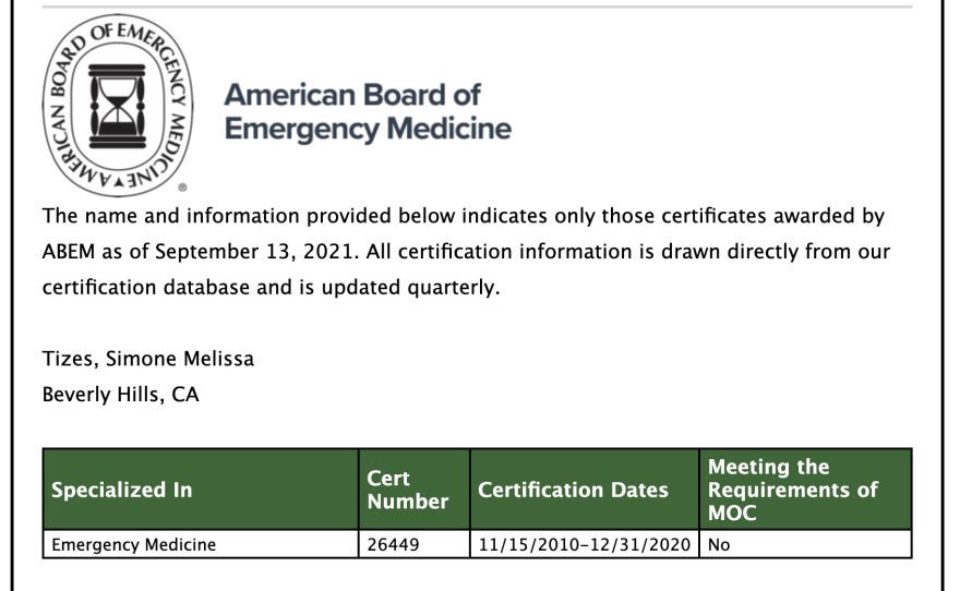 Simone Gold's board certification in emergency medicine (listed under her maiden name of Tizes) expired in December of last year, but she still has a license to practice medicine.