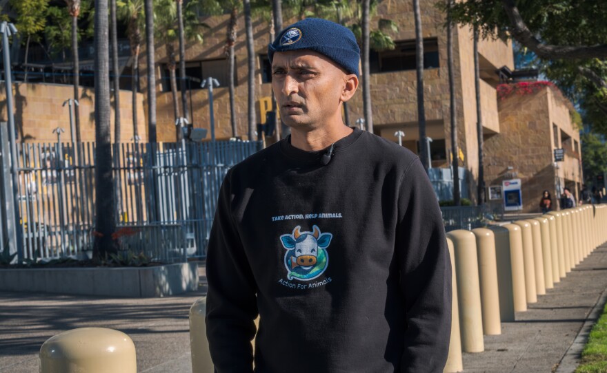 Strategic Action for Animals co-founder Amit Dhuleshia stands outside of Petco Park, Jan. 15. 2026.