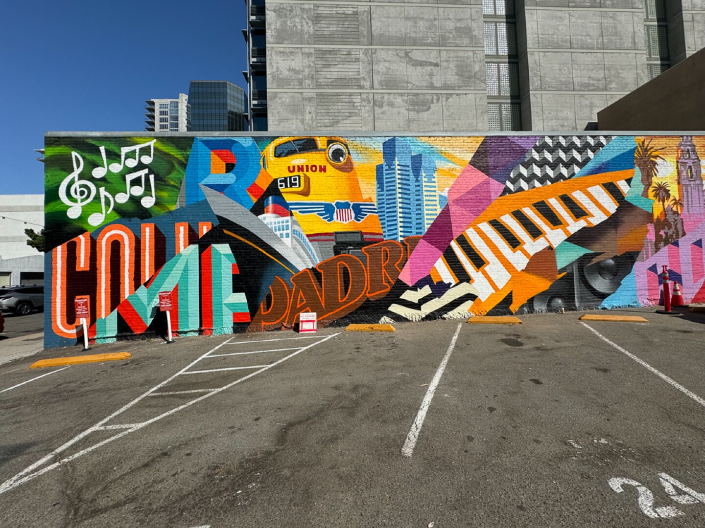 David Gane Feucht's colorful mural celebrates all things San Diego, including the city's beloved Padres clubhouse. The piece can be found in downtown on India Street north of A Street. (October 6, 2024)