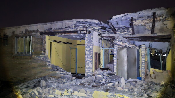 Damage is seen at a building that Iranian media said was hit in a U.S. strike in Kuhestak, southern Iran, early Wednesday.