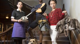 Leila Ayad as Dorke Ugric (Maid), Thomas Dominique as Wayne Mckenzie (Fitness), Colin Ryan as Benoit Roux (Designer) in SHAKESPEARE & HATHAWAY-PRIVATE INVESTIGATORS "Outrageous Fortune."
