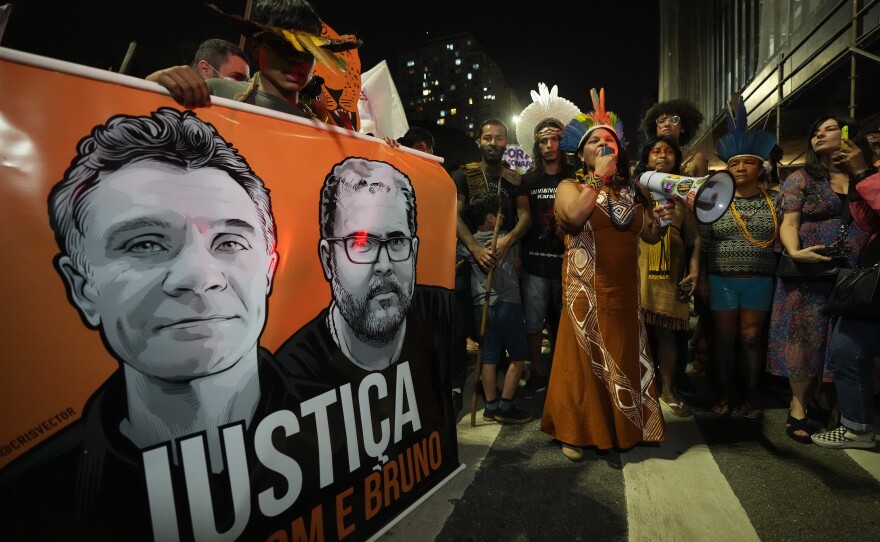Guarani Indigenous people and human rights activists protest demanding that the Supreme Court define the demarcation of Indigenous lands and asking for justice for the deaths of British journalist Dom Phillips and Indigenous expert Bruno Pereira, in São Paulo on June 23.