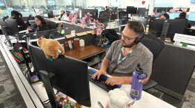 A man at a desk in front of a computer wearing a headset is on the phone with a caller to 211 San Diego.