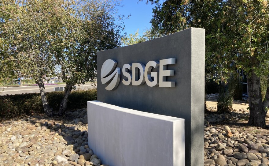A San Diego Gas and Electric sign outside of the utility's headquarters in Kearny Mesa on April 6, 2023.