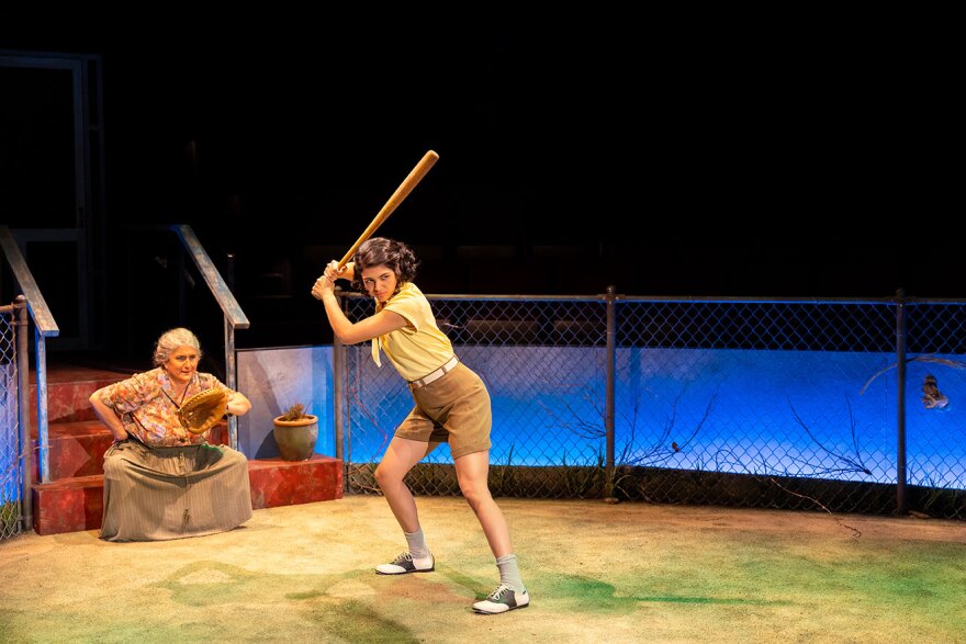 Laura Crotte (Elí) and Ana Nicolle Chavez (Paloma) are shown in an undated production photo on the set of The Old Globe's "Under a Baseball Sky." 