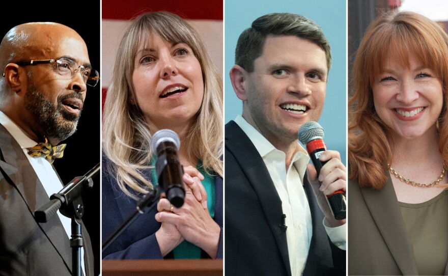 Some Democratic candidates have made faith central to their congressional campaigns, including (from left) Frederick Haynes, Sarah Trone Garriott, James Talarico and Lindsay James.