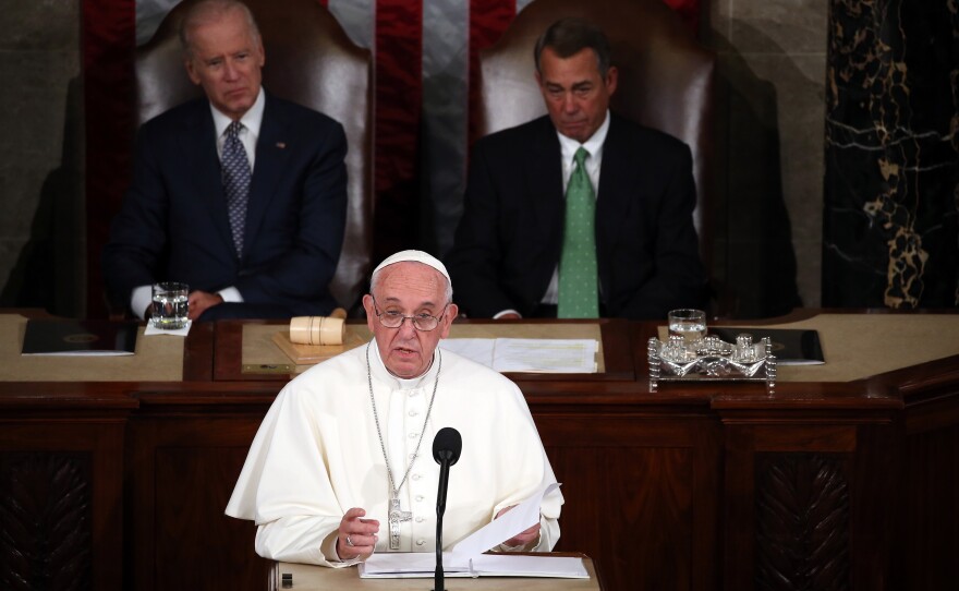 Pope Francis addresses a joint meeting of the U.S. Congress in the House Chamber of the U.S. Capitol Thursday. He is first pope to address a joint meeting of Congress.