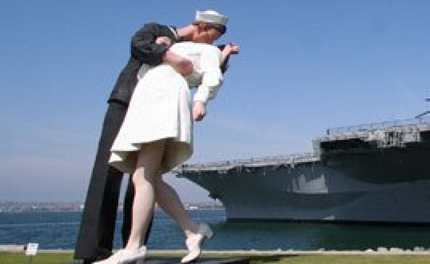 The 25 foot sculpture on the San Diego bayfront called "Unconditional Surrender."  It is based on the famous photograph by Alfred Eisenstaedt featuring a soldier kissing a nurse on V-J Day, Aug. 14, 1945.
