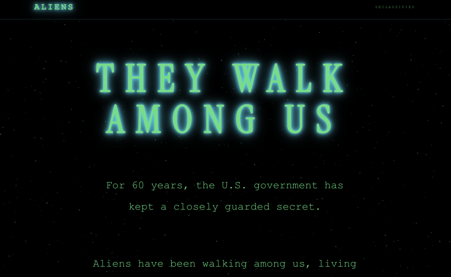 A screenshot of aliens.gov, a new White House web page focuses on immigration enforcement but the design takes inspiration from the X-Files.