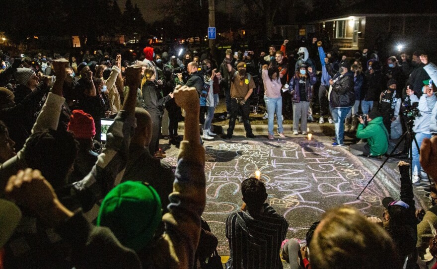 Protests lasted for hours at the spot where 20-year-old Black man Daunte Wright crashed his car and died after being shot by police in a suburb of Minneapolis.