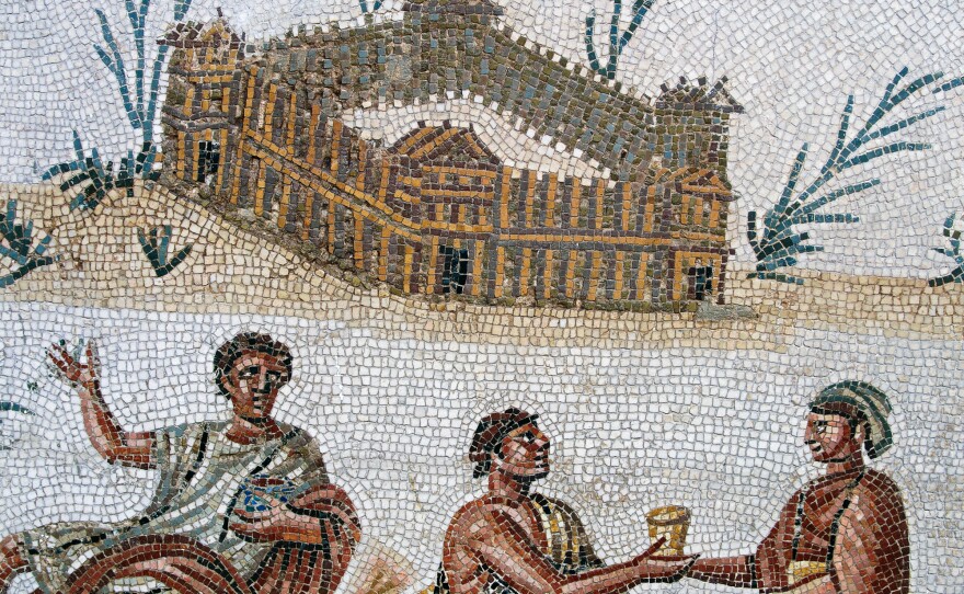 Fortified dwelling and open air banquet, detail from a mosaic portraying a Nilotic landscape from El Alia, Tunisia. Roman Civilisation, 2nd century. Musée National Du Bardo (Archaeological Museum)