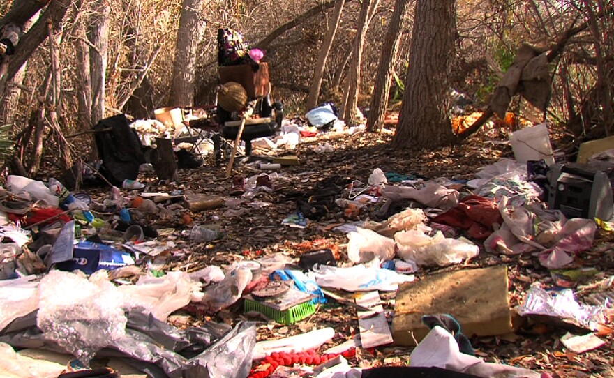 An abandoned homeless encampment litters the San Diego Riverbanks near Cuyamaca in Santee.