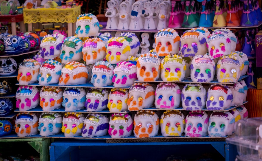 Sugar skulls for sale in Tijuana's Mercado Hidalgo for Day of the Dead, October 22, 2025.