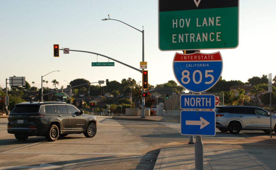 Cars turning onto the direct-access ramp to the HOV lane on Interstate 805 from East Palomar Street in Chula Vista, July 1, 2025.