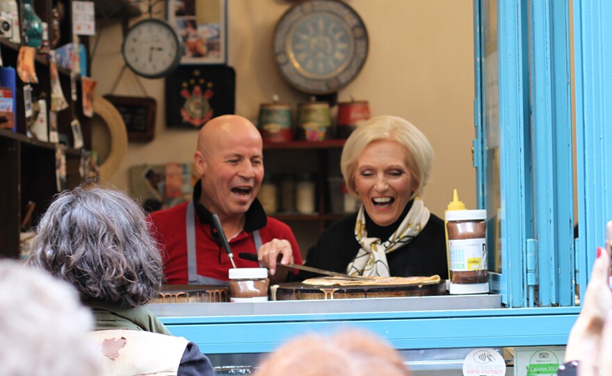 Mary Berry (right) makes crepes in Paris.