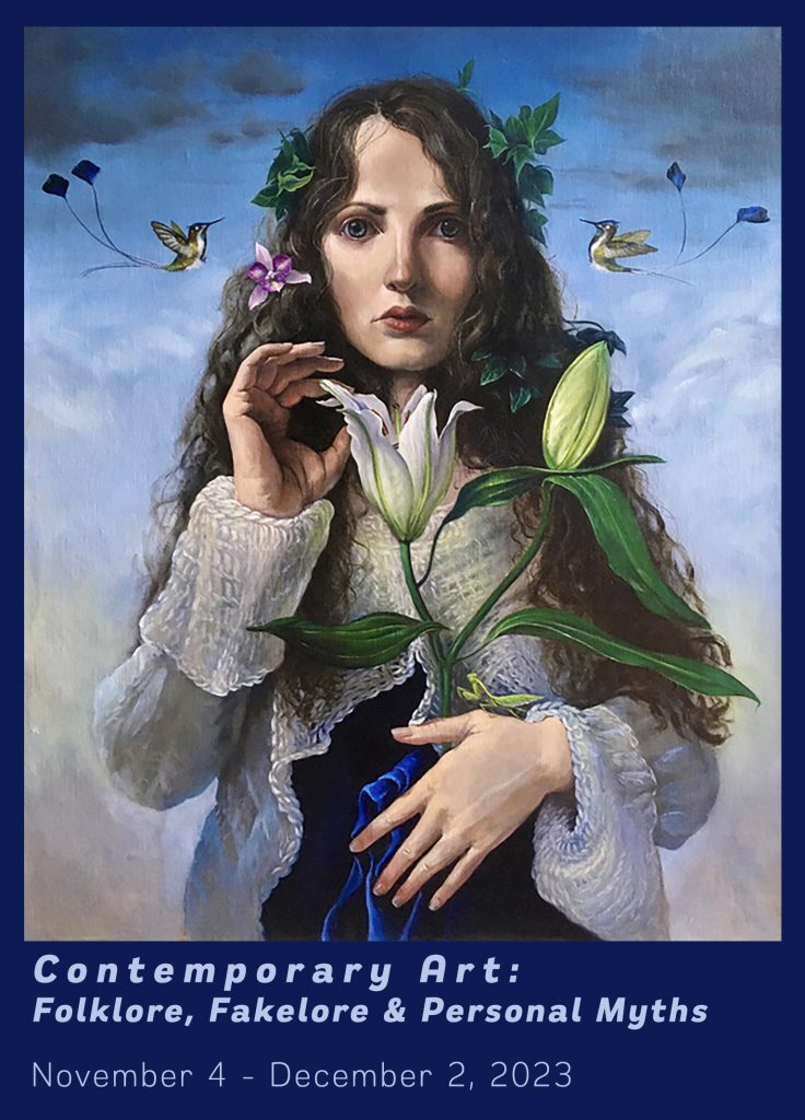Promotional poster for "Contemporary Art: Folklore, Fakelore & Personal Myths," featuring art by Jessica Damsky.