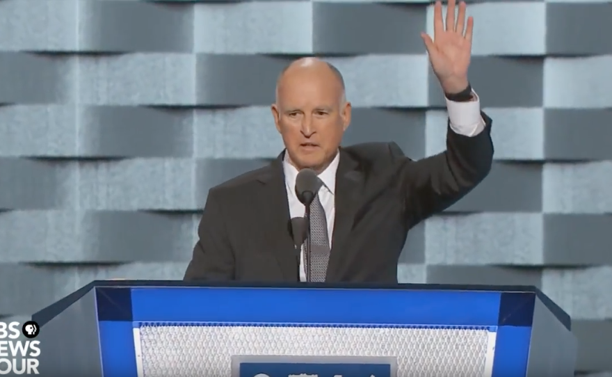 California Gov. Jerry Brown waves to the crowd at the Democratic National Convention in Philadelphia, July 27, 2016.