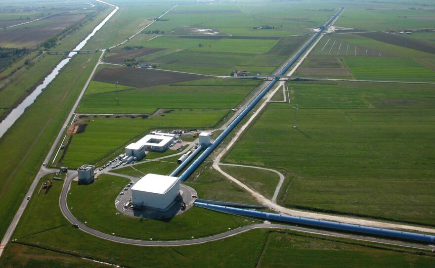 Gravitational wave observatories, like this one in Italy, use giant arms to measure tiny ripples in the fabric of space-time.