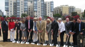 From left to right: Councilman Tony Young, Assemblymember Lori Saldaña, Jim Dawe, Katie Sullivan, Councilmember Kevin Faulconer, Judith Harris, Marti Emerald, Mayor Jerry Sanders, Joan Jacobs, Dr. Irwin Jacobs, Sen. Christine Kehoe, Mel Katz, and Councilmember Ben Hueso break ground on the new central library on July 28, 2010.
