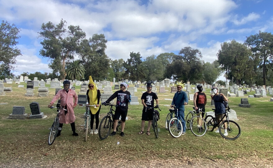 Some of the riders at Mount Hope Cemetery from a previous Cemetery Creep hosted by Stay Strange San Diego.