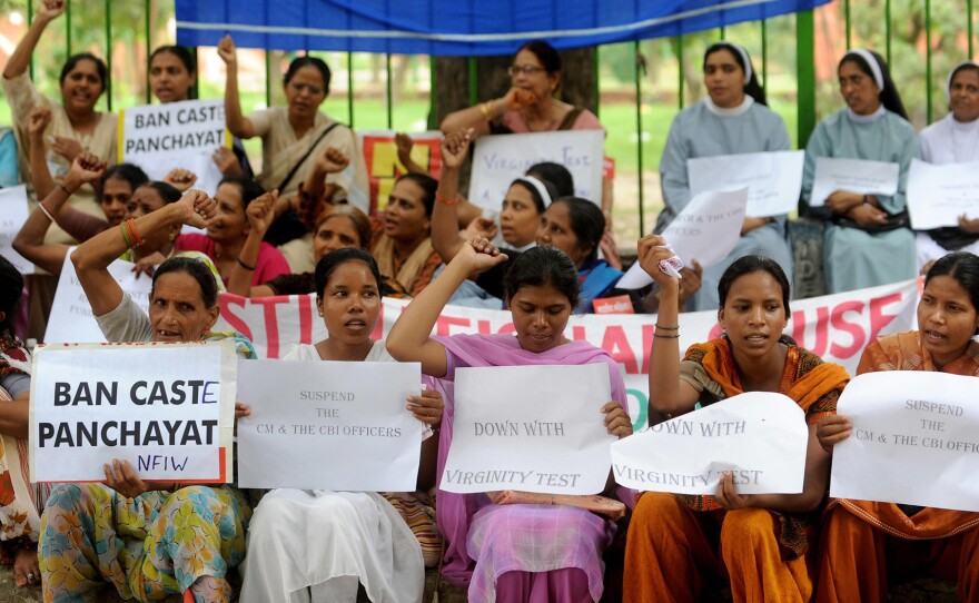 Activists in India protest against virginity tests in the states of Madhya Pradesh and Kerala in 2009.