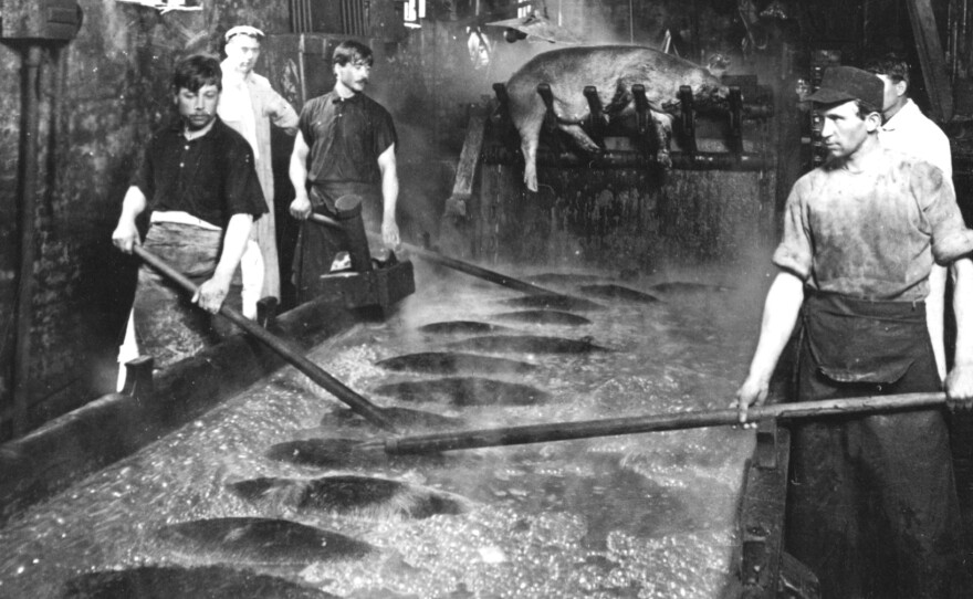 Boiling vats used to prepare hogs for hair removal, circa 1890. Assembly line techniques, or "disassembly" line techniques, were used very effectively in Chicago's Union stockyards, says Slaughterhouse author Dominic Pacyga.