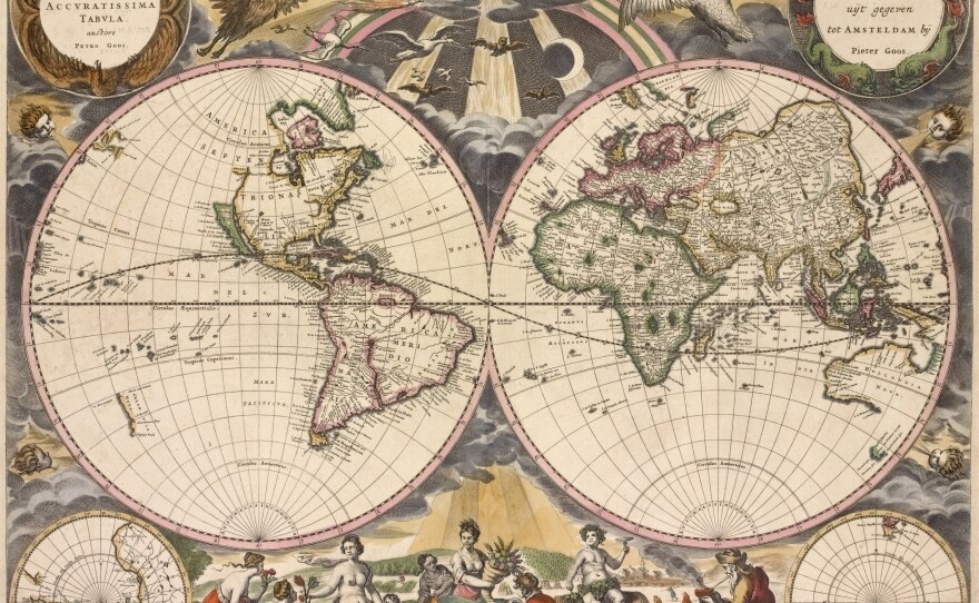 The NYPL's digital collections include a number of maps in the public domain, like this 1672 world map by Pieter Goos.