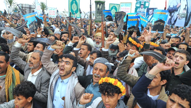 Supporters of Yemen's Houthi rebels shout slogans during a rally in support of the group in Sanaa, Yemen, Friday, Sept. 18, 2026.