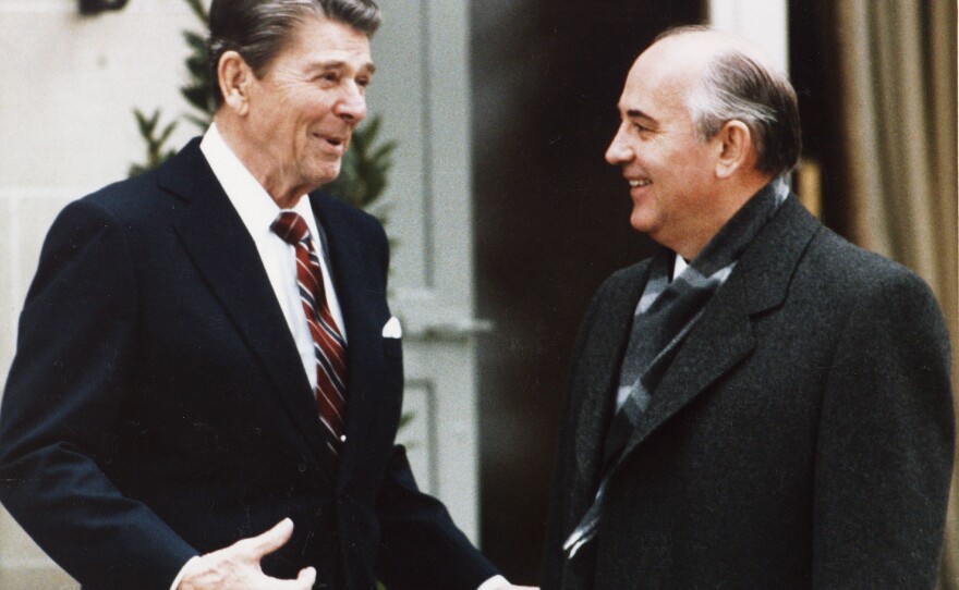 President Ronald Reagan smiles as he talks with Soviet leader Mikhail Gorbachev in Geneva in 1985.