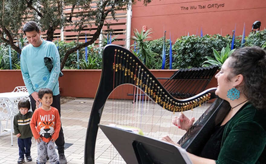 harpist Chiara Capobianco performs for a family